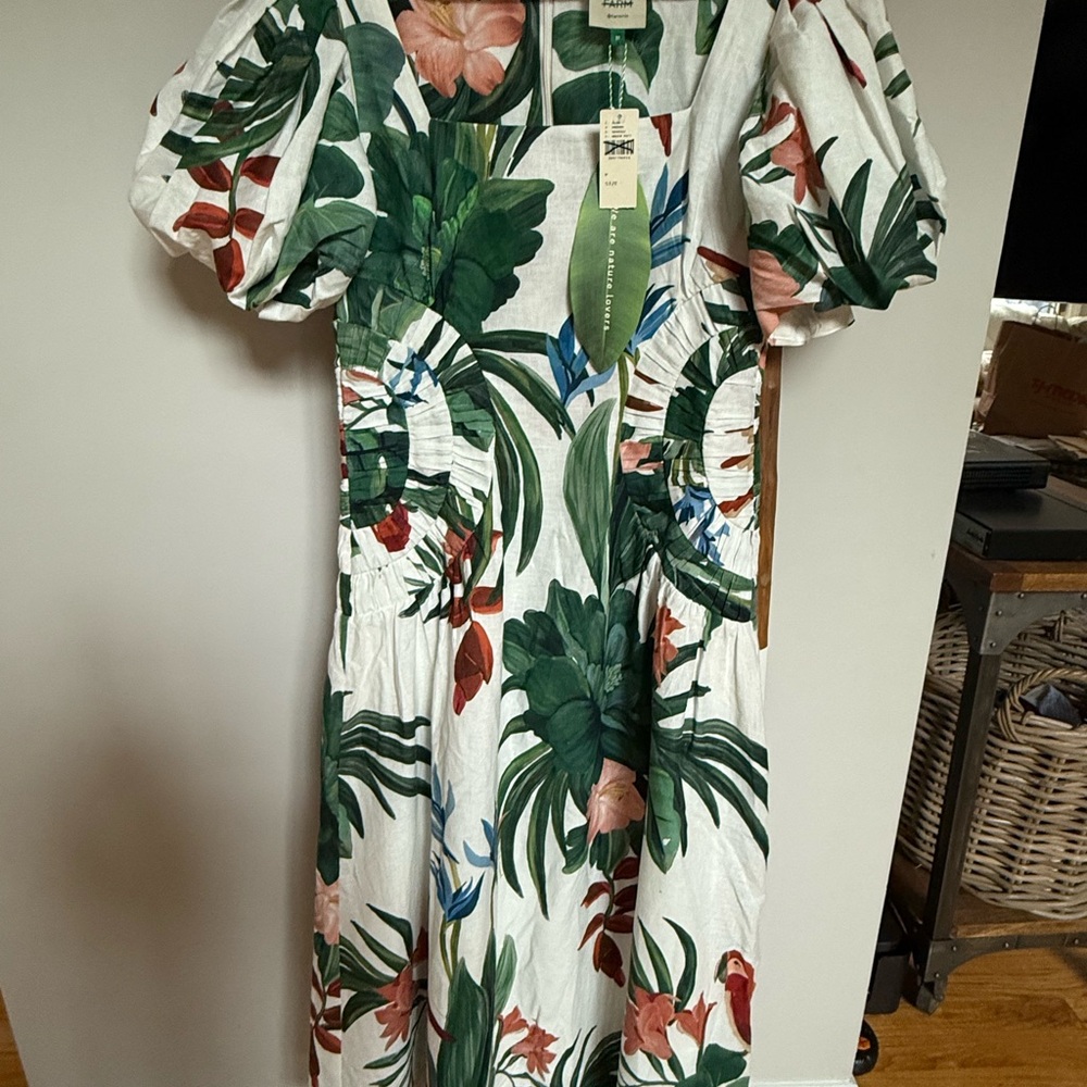 NWT Farm Rio Midnight Macaw Fiesta Linen Blend Puff-Sleeve Midi Dress Size M - Picture 11 of 12